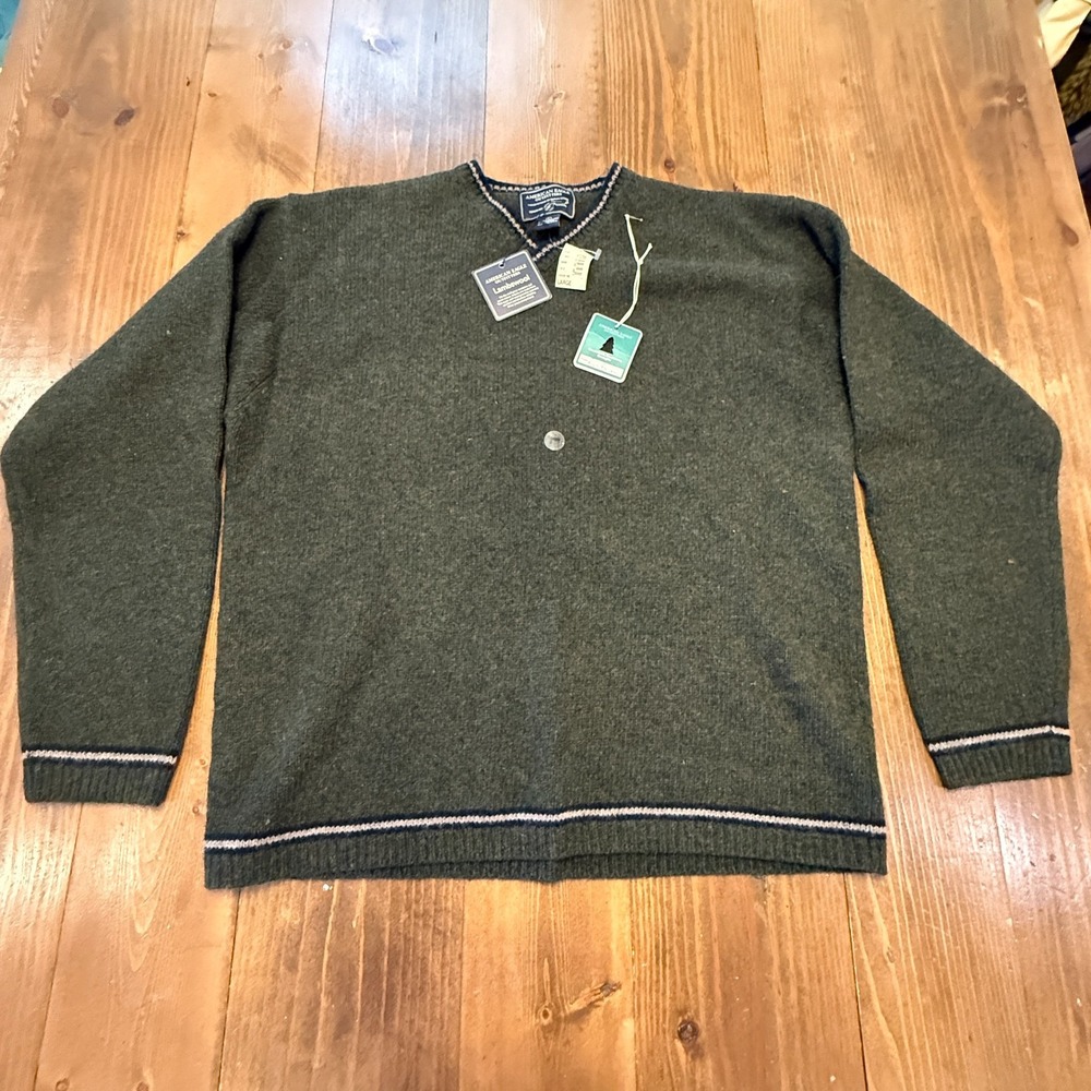 Vtg 90s American Eagle Outfitters Mens Large Lambswool Knit V Neck Sweater Green